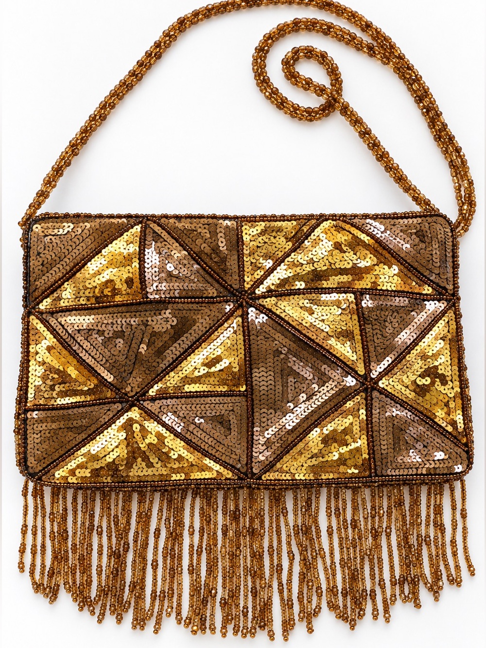 CACHE Gold Bronze Sequin Fringe Clutch Beaded Chain Evening Bag Y2K